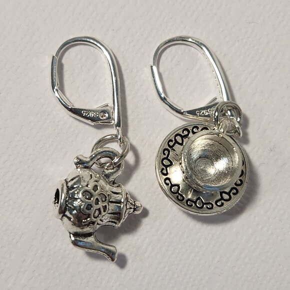 VTG 925 Teapot and Cup & Saucer Dangle Zircon Leverback Earrings - Picture 1 of 14